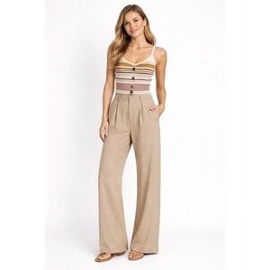 Almost Famous Striped Ribbed Knit Button Front Cami Tank Top Boho Earth Tones M